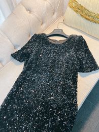 2023 Summer Black Solid Color Dress Short Sleeve Round Neck Sequins Knee-Length Casual Dresses A3Q122218