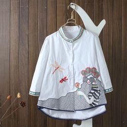 Women Shirts Spring Summer Tops Women Stand Collar Beautiful Ladies Embroidery Casual White Shirt Vintage Blouses