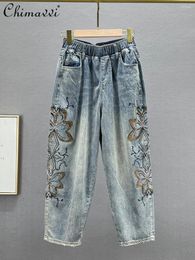 Women's Jeans Rhinestone Women Baggy Pants 2023 Autumn Fashion High Waist Loose Slim Trousers Elegant European Cropped Harem