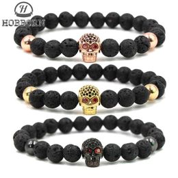 HOBBORN Trendy Natural Lava Stone Bracelet Women Men Hip Hop Rose Gold Silver Color Charm CZ Skull Bracelets Pulsera Hombre274U