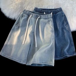 Men's Shorts Summer Vintage Light Blue Men's Elastic Waist Denim Shorts Korean Fashion Casual Drawstring Straight Short Jeans Male 230720