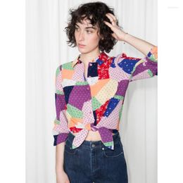 Women's Blouses 2023 Summer Women Colourful Geometric Pattern Knotted Silk Long Sleeve Shirt