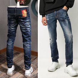 Men's Damage Jeans Fashion Maple Leaf Patch Cowboy Trousers Destroyed Stone Washed Skinny Fitness Jean Pants294p