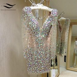 Luxury Sparkling Cocktail Dresses Rhinestone Mini Club Wear Cocktail Party Gowns Deep V Neck Long Sleeves Sexy Short Prom Dresses241d