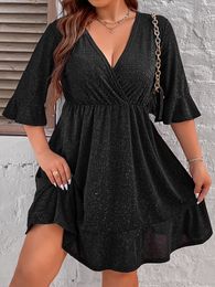 Plus size Dresses Glitter Large Plus Size 4XL Sequin Midi Dress Women Autumn Ruffles Half Sleeve V Neck Solid Elegant Evening Party Dresses 230720