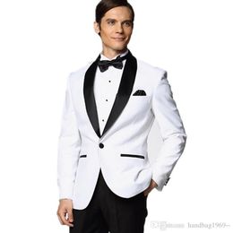 High Quality One Button White Groom Tuxedos Groomsmen Shawl Lapel Man Blazer Mens Wedding Suits Jacket Pants Tie H9821714