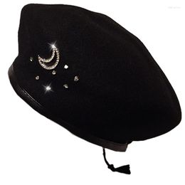Berets Solid Color French For Rhinestone Moon Octagonal Hat Gift Frie