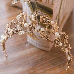 Vintage Gold Baroque Crowns For Party Pearls Wedding Crown Tiaras With Plant Pattern Cheap Bridal Headpiece Flowers Crown Headband267B