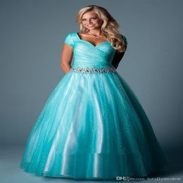 Teal Ball Gown Modest Prom Dresses With Cap Sleeves Long Floor Length Crystals Ruched Sparkly Teens Modest Formal Party Dresses Sh217S