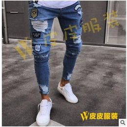 European and American jeans for men's cross border for knee broken hole zipper beggar pants and bursting jeans2944