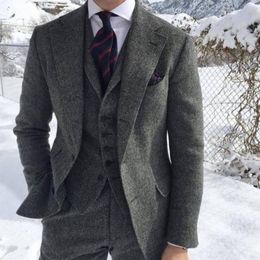 Rustic Dark Grey Wedding Tuxedos Wool Herringbone Tweed Slim Fit Men's Suit Jacket Vest Pants Farm Prom Groom Attire Plu3346