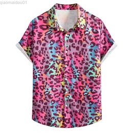 Men's Casual Shirts Mens Colourful Leopard Floral Shirts Casual Hawaiian Shirt Short Sleeve Button Down Summer Tropical Beach Shirts Male Chemise XXL L230721