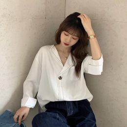 Women's Blouses Women Button Turn Down V-Collar Shirts Office Lady Long Sleeve Casual Blouse Loose OL Shirt Baggy Topswith Pocket B148