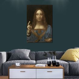 Famous Portrait Canvas Art Leonardo Da Vinci Painting Salvator Mundi Handmade Modern Cafe Bar Decor