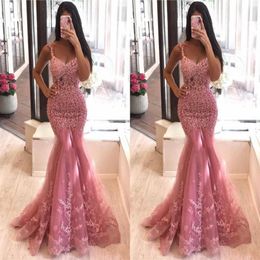 Plus Size Blush Pink Beaded Mermaid Prom Dresses V Neck Lace Appliqued Evening Gowns Sweep Train Formal Dress ogstuff vestidos de 258C