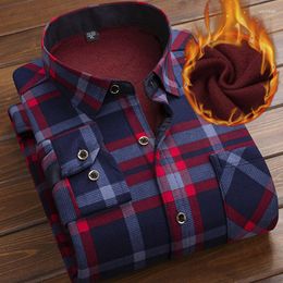 Men's Casual Shirts Autumn Winter Ticken Fleece Sirt Men Business Plaid Lon Sleeve Warm Clotes Turn Down Collar Button Up Sirts Classic