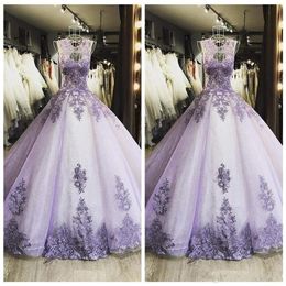 2021 Sexy Lilac Quinceanera Dresses Jewel Lace Appliques Crystal Beaded Illusion Sleeveless Sweet 16 Plus Size Party Prom Dress Ev276a