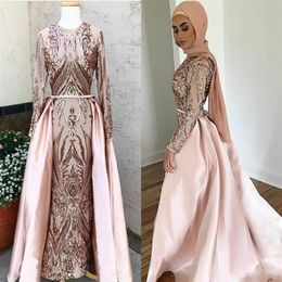 Arapça Dubai Akşam Elbiseleri Çıkarılabilir Trenli Müslüman Akşam Elbisesi Bıçaklı Kaftan Abaya Uzun Kollu O Boyun Sequins Prom225c