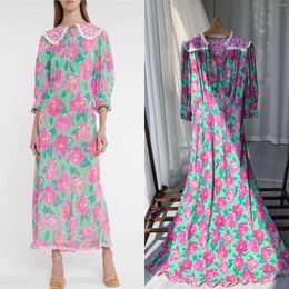 Casual Dresses Floral Print Maxi Dress Women Lace Trim Sweet Viscose Three Quarter Sleeve Female Loose V-neck Robe