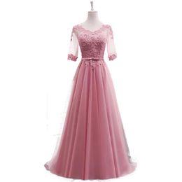 A-line Half Sleeves Lace Elegant Evening Dresses Prom Party Dress Blue Pink Grey White Red Evening Gown 2020 Long Formal Dress290T