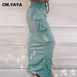 Saias CMYAYA Lado Solto com Cordão Plissado Sólido Feminino Saia de Comprimento Ajustável com Bolsos Feminino Casual Streetwear 230720