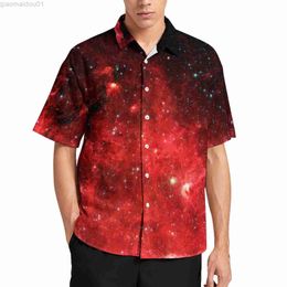 Men's Casual Shirts Red Galaxy Sky Vacation Shirt North America Nebula Hawaiian Casual Shirts Fashion Blouses Short Sleeve Custom Clothing Plus Size L230721