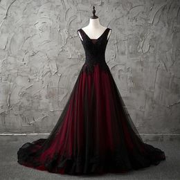 New V-Neck Sleeveless Black and Red Wedding Dresses Lace Appliques Beading Country Chic Wedding Dresses Low Back Coloured Wedding G234C