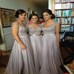Silver chiffon lace Custom made New Big Discount cap sleeve long Bridesmaid Dresses formal dresses with ribbon245p