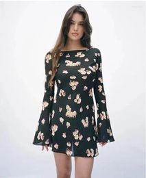 Casual Dresses Women Vintage Style Flare Long Sleeve Butterfly Print Diagonal Cut Silk Dress