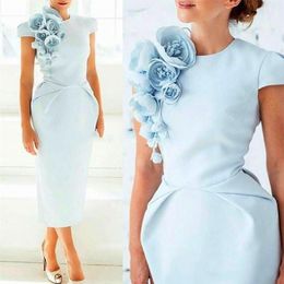 Mother Off Bride Dresses Simple Vintage Light Sky Blue Sheath Jewel Neck Cap Sleeves Hand Made Flowers Tea Length Plus Size Custom258C