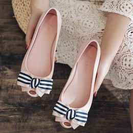 Dress Shoes 2020Summer Pvc shoes woman mixed color striped bow-Knot jelly flats women waterproof ballerina peep toe candy loafers size 36-41 L230721