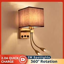 Wall Lamp Modern Nordic With E27 2.0 USB Port 2 Spotlights Led Lights For Home Decor Bedside Bedroom Reading Living Room El