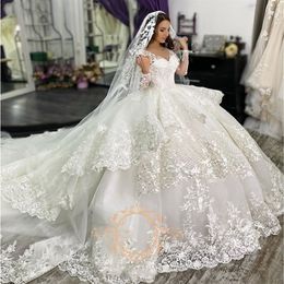 Gorgeous Lace Ball Gown Wedding Dresses Princess With Long Sleeve V-neck Ruffle Layers Chapel Train Bridal Dress Vestidos De Novia256p