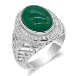 Men Ring with Natural Green Agate Stone 925 Sterling Silver Vintage Hollow Design Turkish Elegant Jewellery Gifr for Male Women2872