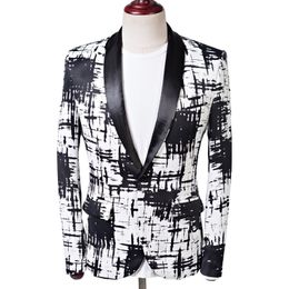 Men's Suits Blazers Blazer Fashion Splash Ink Printing Casual Suit Jacket Prom Party Black Shawl Collar One Buckle Slim White and 230720