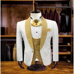Real Po Ivory Wedding Groom Tuxedos Mens Shawl Collar Business Prom Party Blazer Suit Coat Jacket Pants Vest Tie W1083298Y