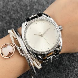 Fashion Brand beautiful women's Girl Crystal style dial Metal steel band Quartz wrist Watch M7096339x
