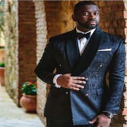 Black Jacquard Fabric Men Blazer Jacket Side Vent Groom Tuxedos Man Prom Business Suits Jacket Pants Tie304a