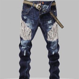 Fashion-Sequin Mens Jeans Male Eagle Wings Embroidery Stitching Sequins Hole Jeans Slim Pants Ribbed Mens Robin Jeans212Y