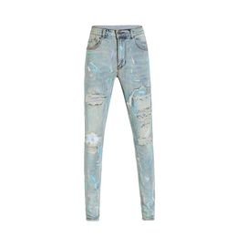Men's Jeans Light blue rotten hole beggar jeans water loaded multi craft four seasons jean250V