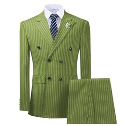 Men's Regular Fit 2 Pieces Double Breasted Lapel Pinstripe Formal Olive Green Tuxedo Business Suit for Wedding Groom1283B