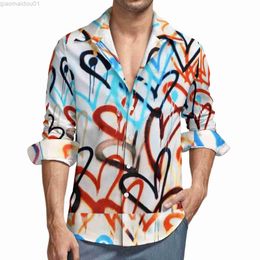 Men's Casual Shirts Wall Graffiti Heart Painting Casual Shirts Man Love Storey for Valentine Day Shirt Long Sleeve Fashion Funny Blouses Graphic Tops L230721