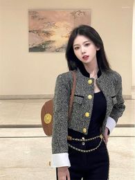 Women's Jackets Elegant Women Black Weave Tweed Jacket Coat Office Ladies Fashion Stand Collar Long Sleeve Gold Button Casual Outwear Q70