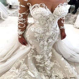 2022 Glamorous Mermaid Wedding Dresses with Detachable Train Illusion Sheer Neck Long Sleeves Handmade Flowers Luxury Bridal Gowns244L