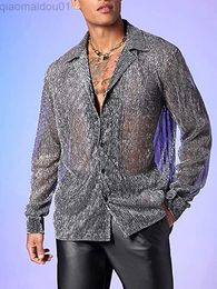 Men's Casual Shirts Men's Sheer Mesh See Through Glitter Button Front Long Sleeve Shirt Tops L230721