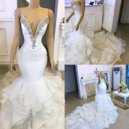 Arabic Sexy Luxurious Mermaid Wedding Dresses Sweetheart Crystals Satin Bridal Dresses Organza Tiered Skirts Lace-up Gowns299I