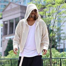 Men's Hoodies Sweatshirts Apricot Black Knitted Hollow Out Oversized Sun Protection Summer Long Sleeve Men Shirt Zipper Hooded Korean Fashion Harajuku Top L230721