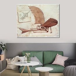 Beautiful Woman Canvas Art Flying Machine Painting by Leonardo Da Vinci Handmade Artwork Library Decor