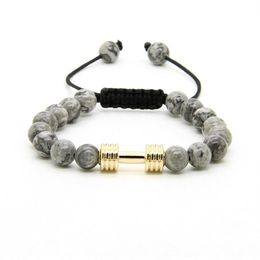 Sport Energy Bracelets Whole 8mm Grey Jasper Stone Beads With New Barbell Fitness Dumbbell Macrame Bracelets for Men307S