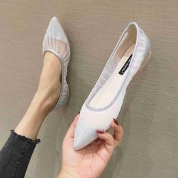 Dress Shoes bling breathable lace mesh summer shallow women shoes retro gun color/silver sequins flats moccasins soft soled loafers 41 L230721
